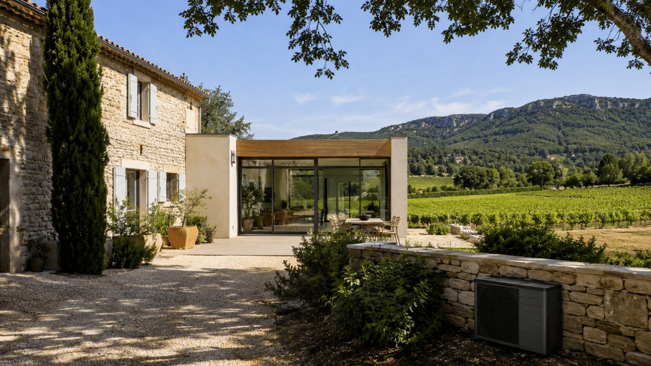Unité extérieure de climatisation intégrée le long d'une maison de campagne à Lambesc