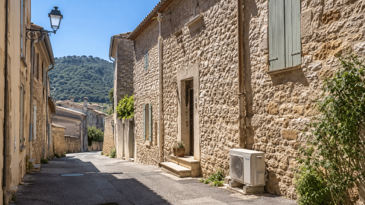 Climatiseur sur la façade d'une maison de village au Luc en Provence intérieure
