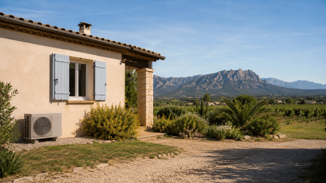 Climatiseur sur une maison du Muy avec le Rocher de Roquebrune en arrière-plan