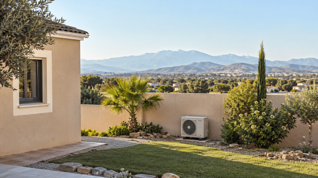 Climatiseur au sol dans le jardin d'une maison du Soler