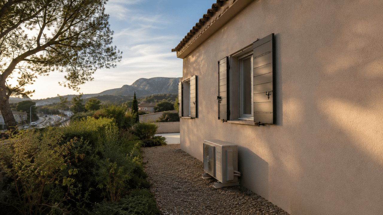 Unité extérieure de climatisation sur une maison des Pennes-Mirabeau près d'un axe routier