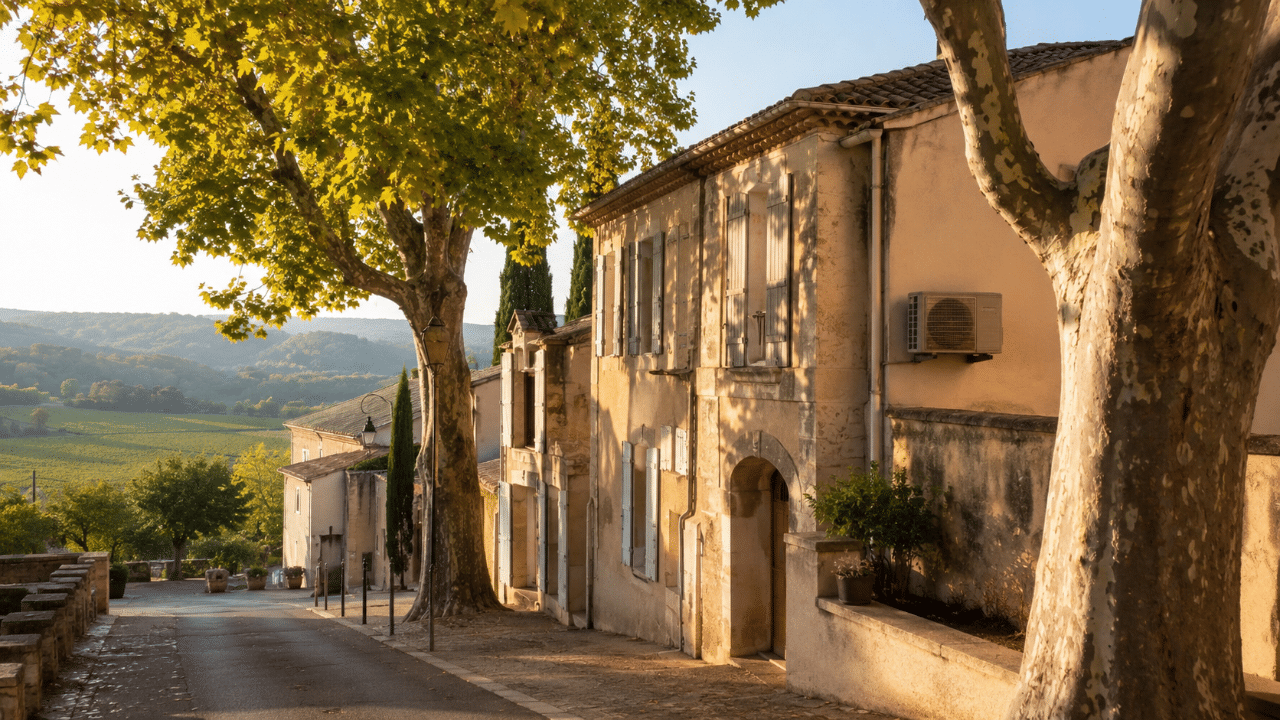 Climatiseur discret sur une maison du cœur de ville de Lorgues bordé de platanes