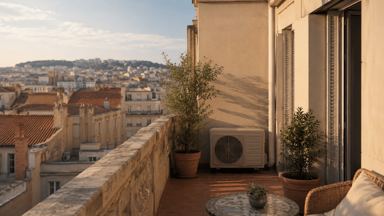 Unité extérieure de climatisation sur un balcon d'immeuble marseillais avec vue sur les toits