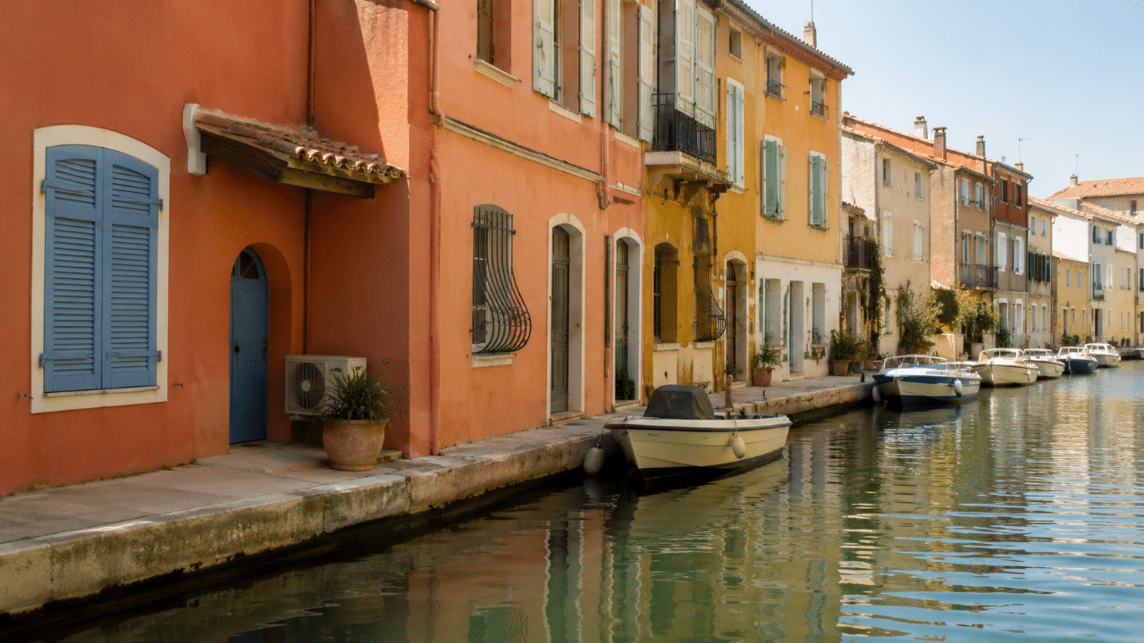 Unité extérieure de climatisation sur une maison colorée au bord d'un canal de Martigues