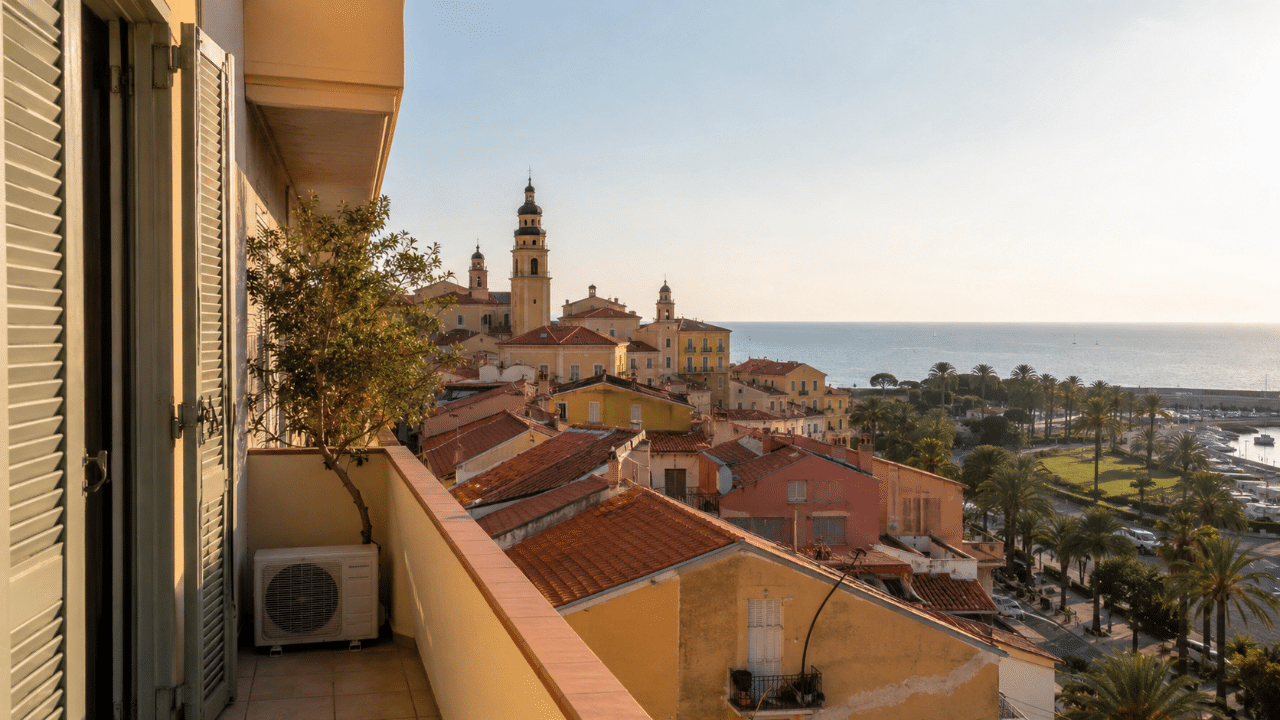 Climatiseur sur le balcon d'un appartement aux façades colorées du centre de Menton