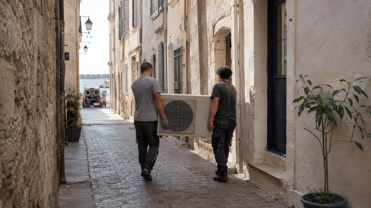 Portage manuel d'un groupe de climatisation dans une ruelle étroite du centre ancien de Mèze
