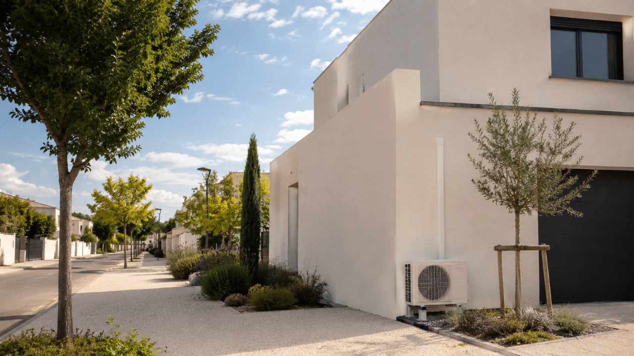 Unité extérieure de climatisation sur une maison de quartier récent à Miramas