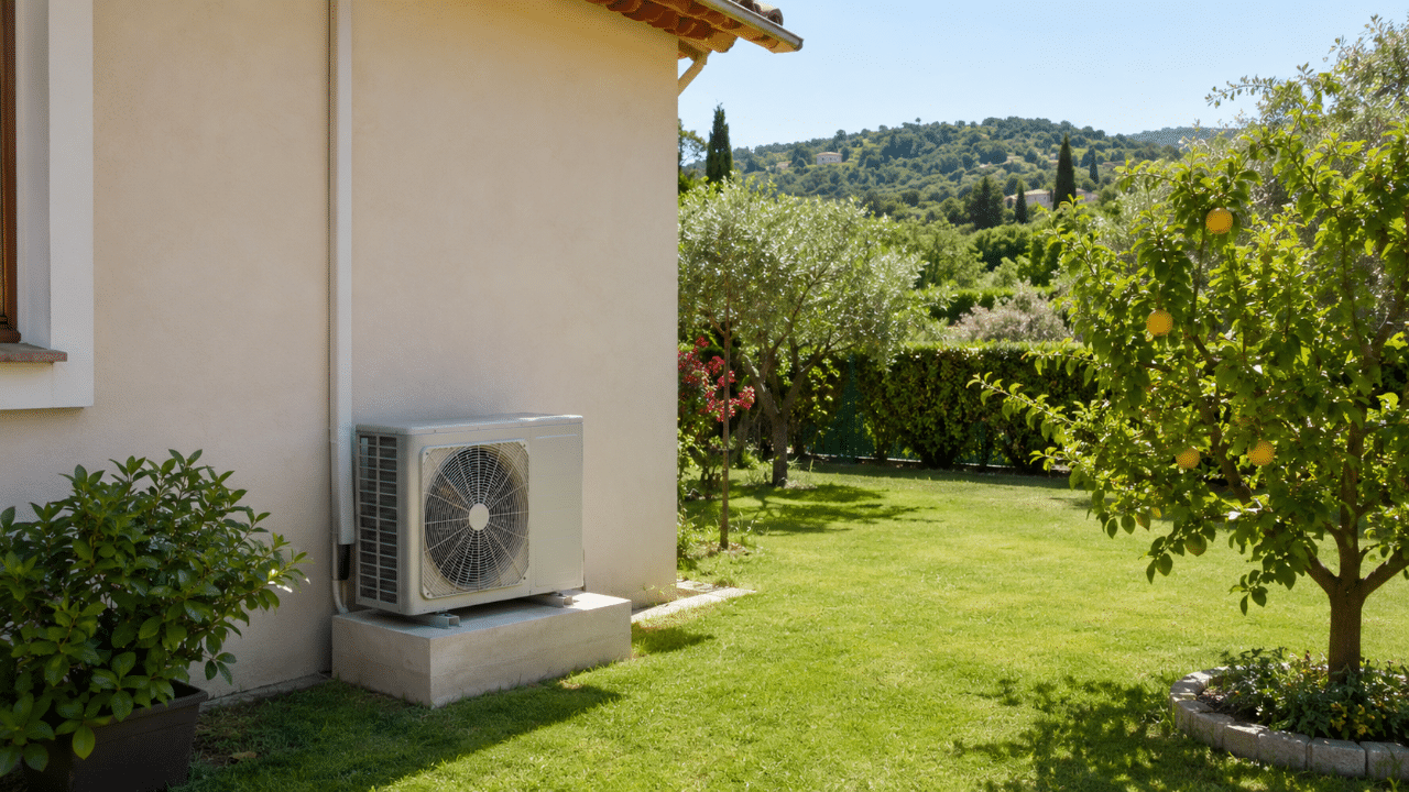 Climatiseur posé dans la cour arrière d'une maison familiale à Mouans-Sartoux