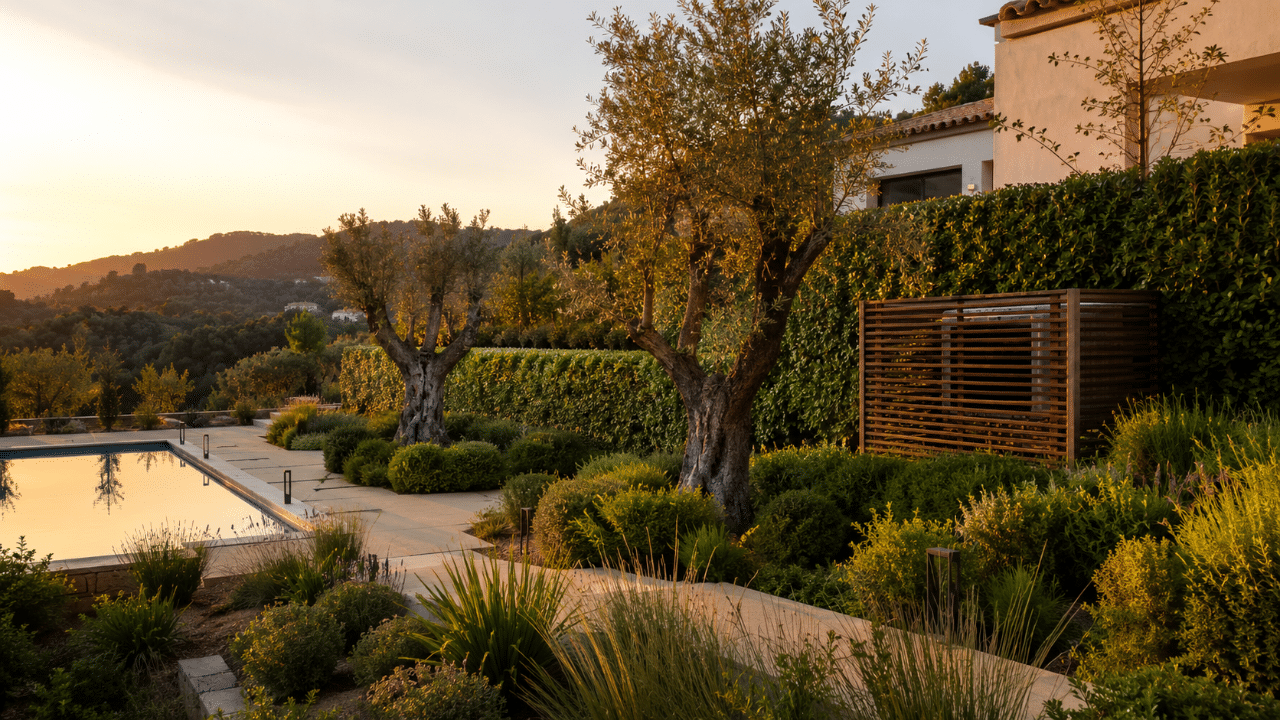 Climatiseur intégré dans le jardin paysager d'une villa de Mougins