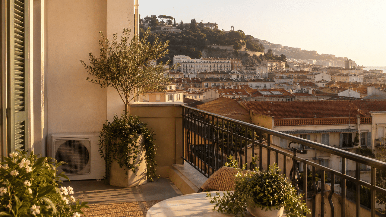 Climatiseur sur le balcon d'un appartement niçois face aux toits de la ville