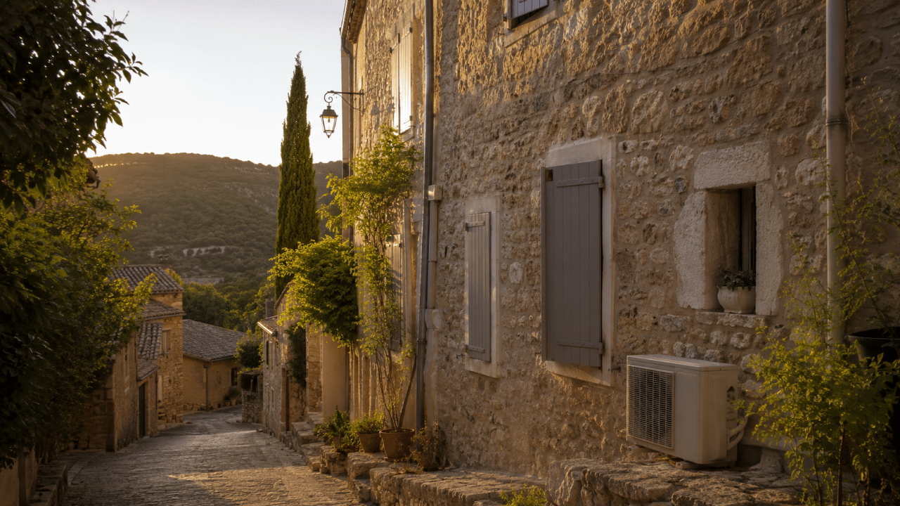 Climatiseur sur la façade en pierre d'une maison du vieux village d'Ollioules