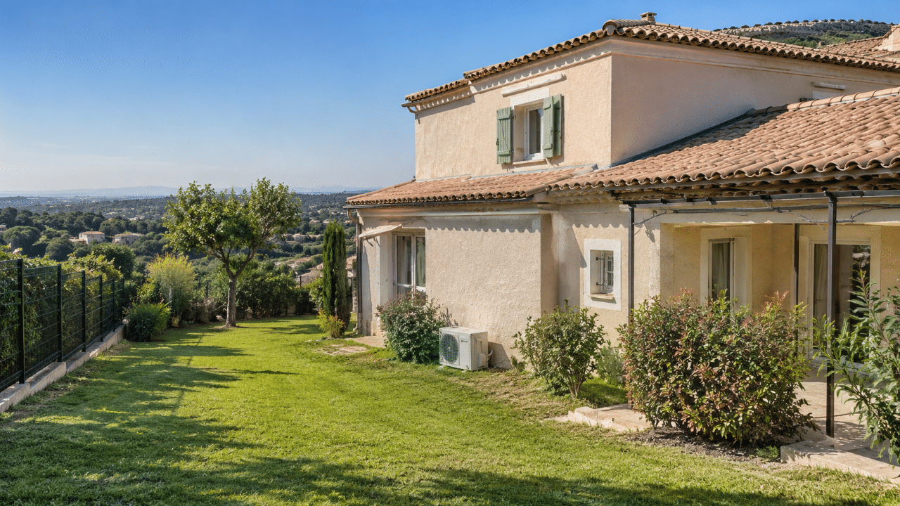 Climatiseur côté jardin d'une maison de lotissement à Pégomas près de la Siagne