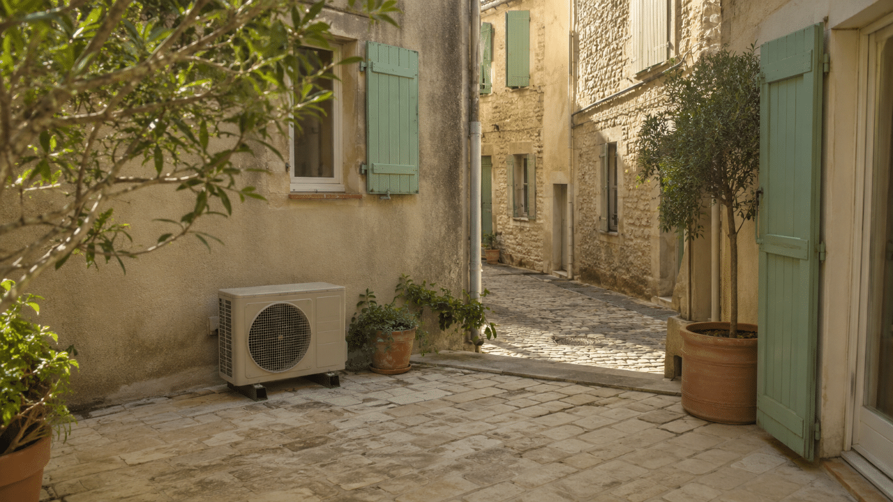 Unité extérieure de climatisation dans une cour de maison de village à Pélissanne