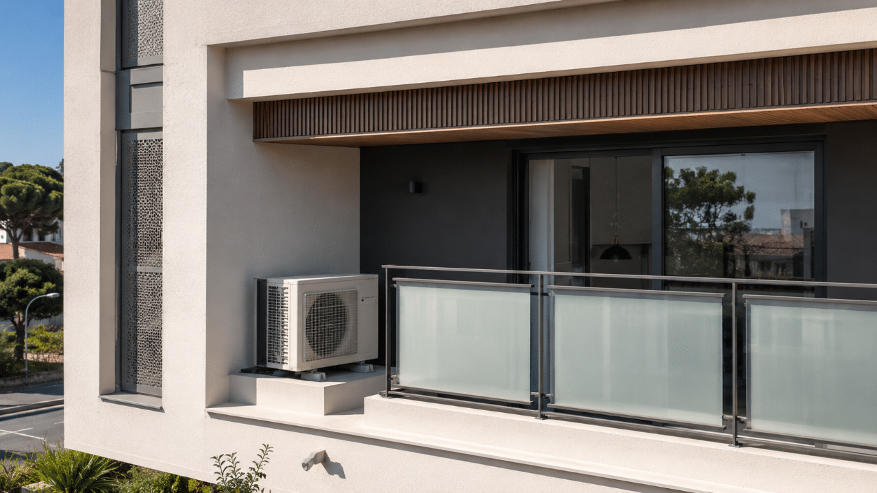 Unité extérieure de climatisation sur la dalle dédiée d'une loggia d'appartement neuf à Pérols