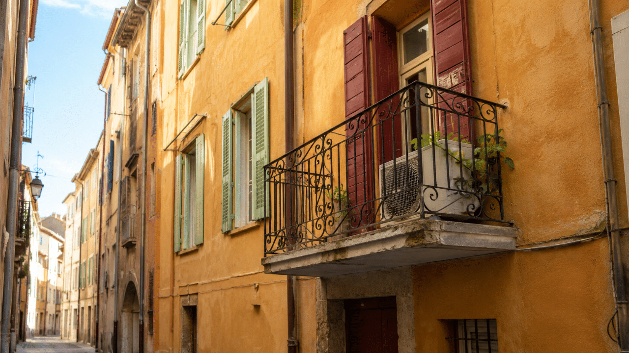 Climatiseur sur la façade d'un immeuble du centre historique de Perpignan