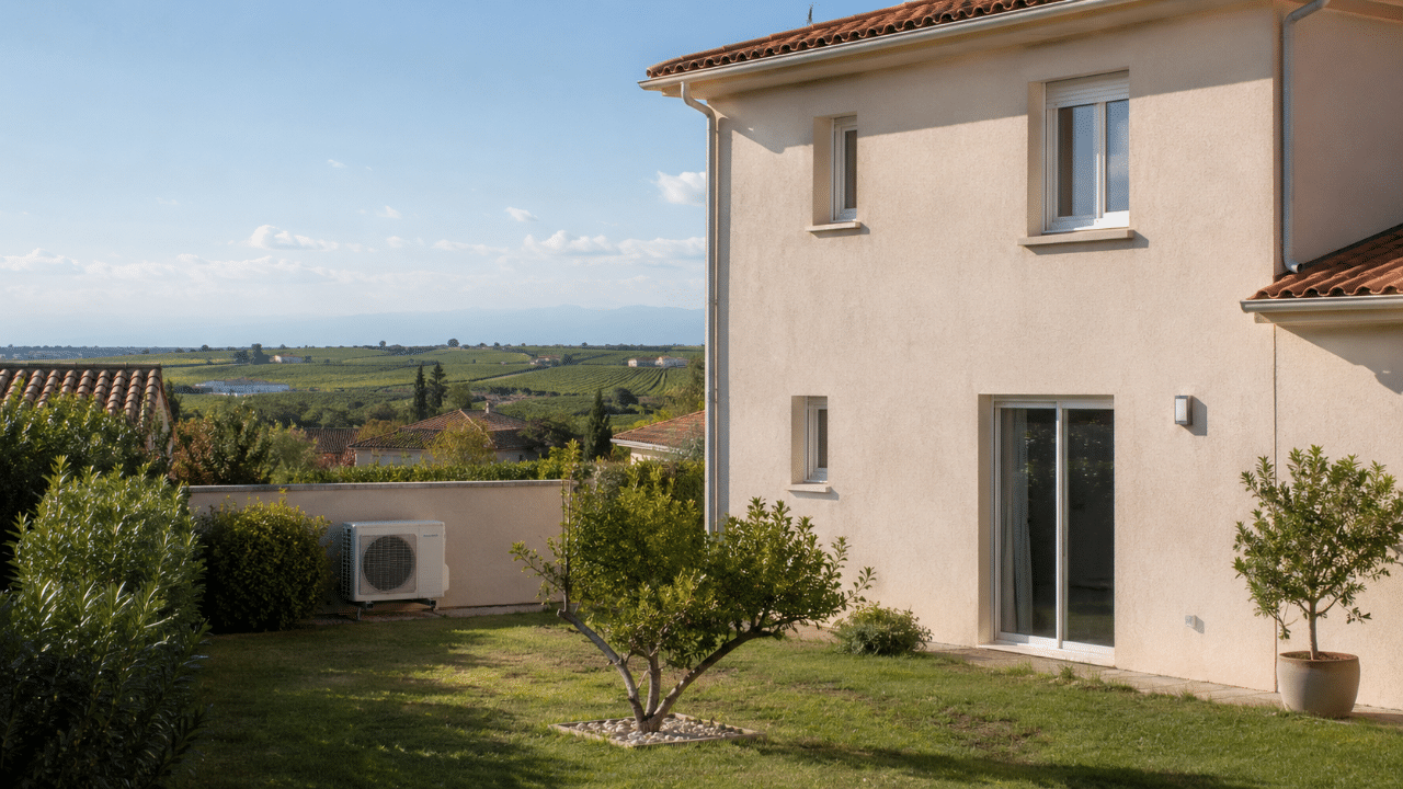 Climatiseur au sol dans le jardin d'une maison à Pézilla-la-Rivière