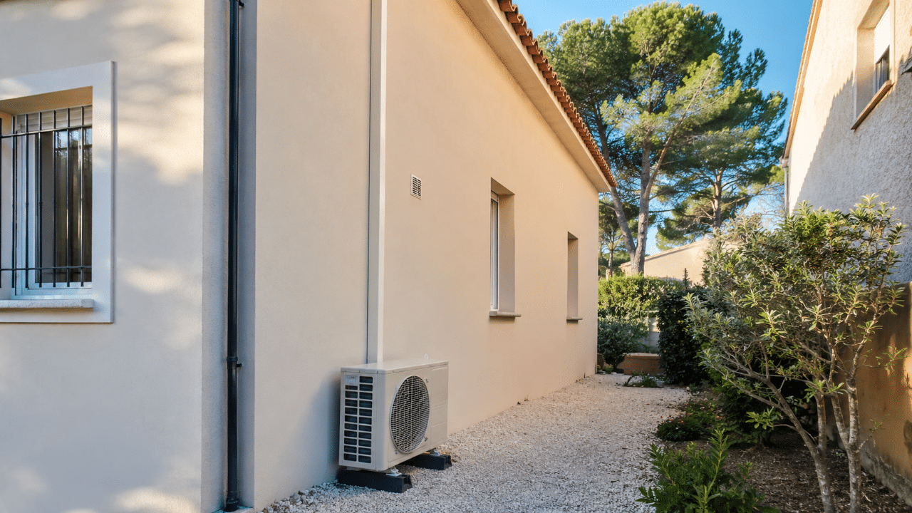 Unité extérieure de climatisation le long d'un pavillon de Plan-de-Cuques sur une parcelle compacte