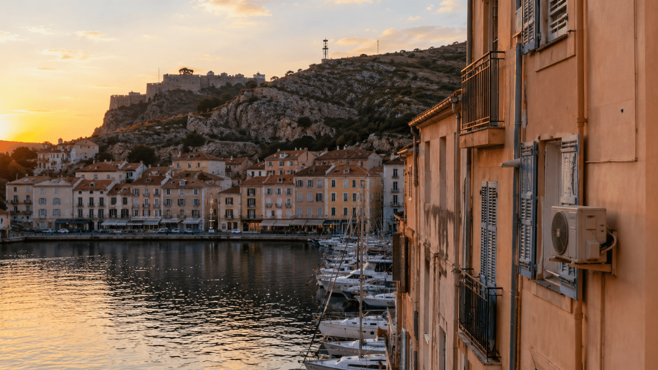 Climatiseur en façade d'un immeuble autour du port de Port-Vendres