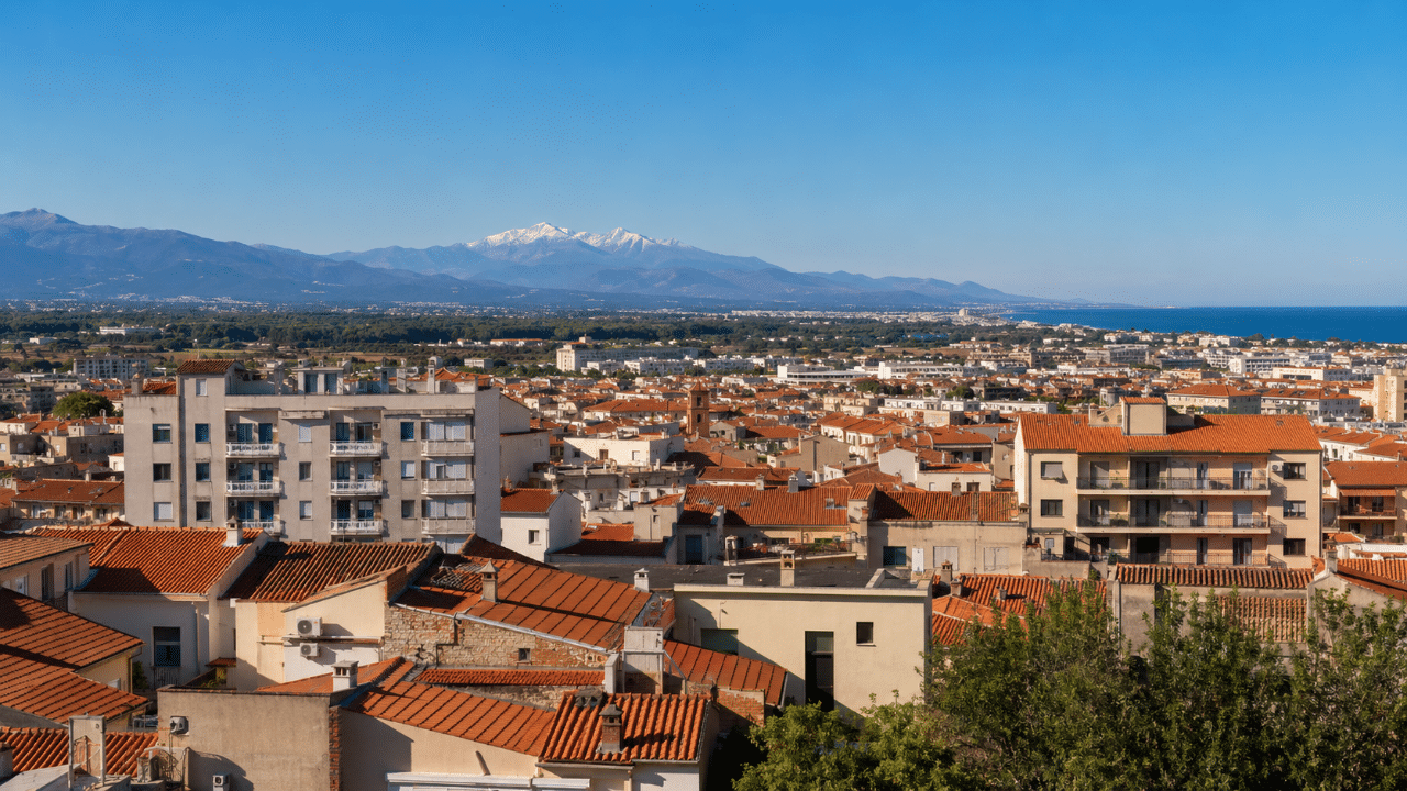 Vue des Pyrénées-Orientales entre Perpignan, plaine du Roussillon et littoral catalan avec climatiseurs sur les façades