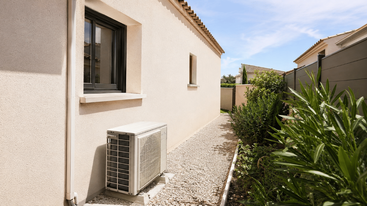 Unité extérieure de climatisation le long d'une maison individuelle de Rognac sur un terrain compact