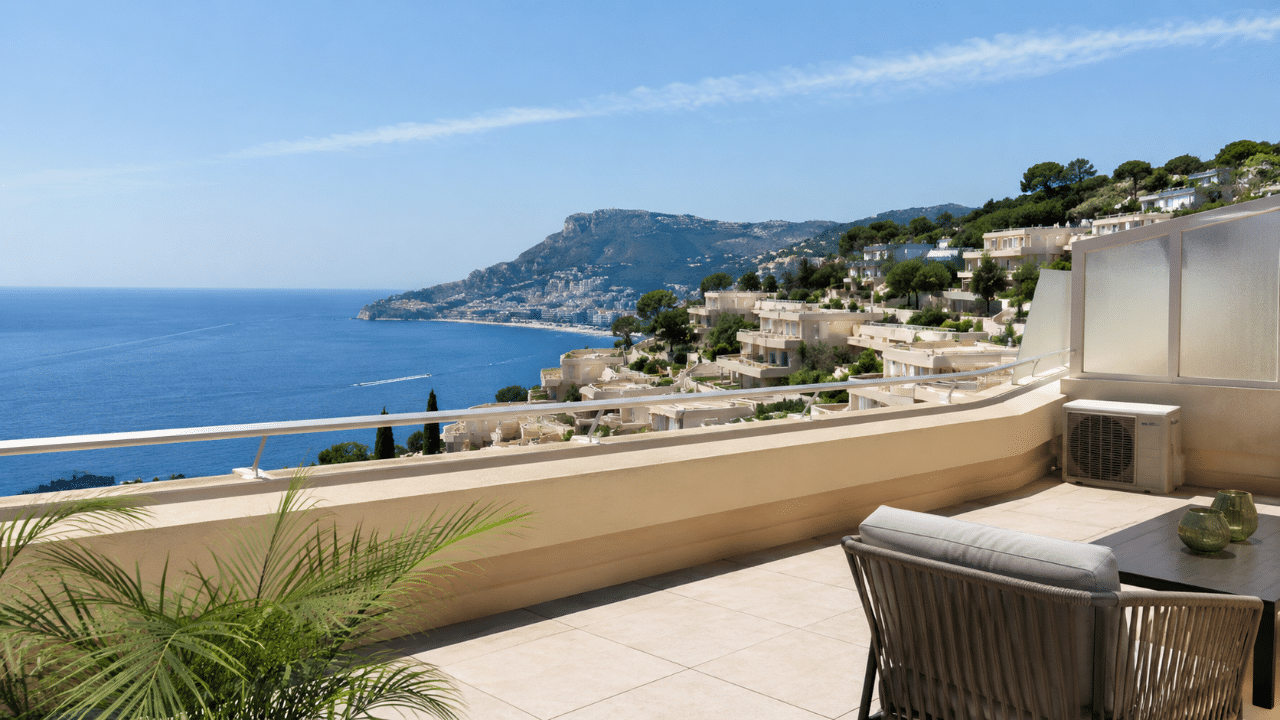 Climatiseur sur la terrasse d'une résidence en pente à Roquebrune-Cap-Martin dominant la mer