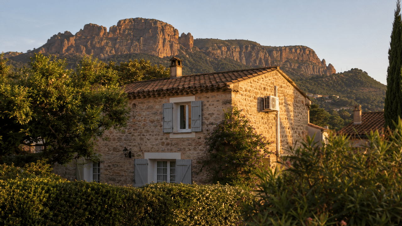Climatiseur discret sur une maison du village de Roquebrune-sur-Argens au pied du Rocher