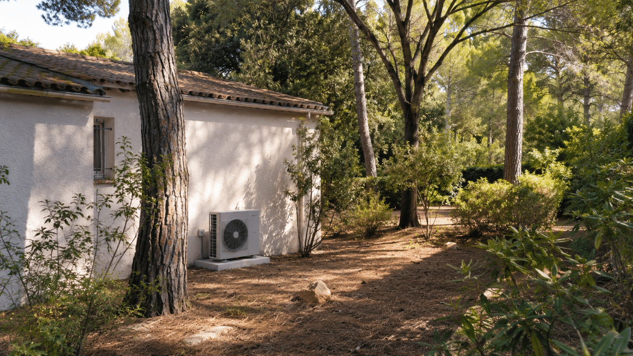 Climatiseur installé au pied d'une maison sur une parcelle boisée de Roquefort-les-Pins