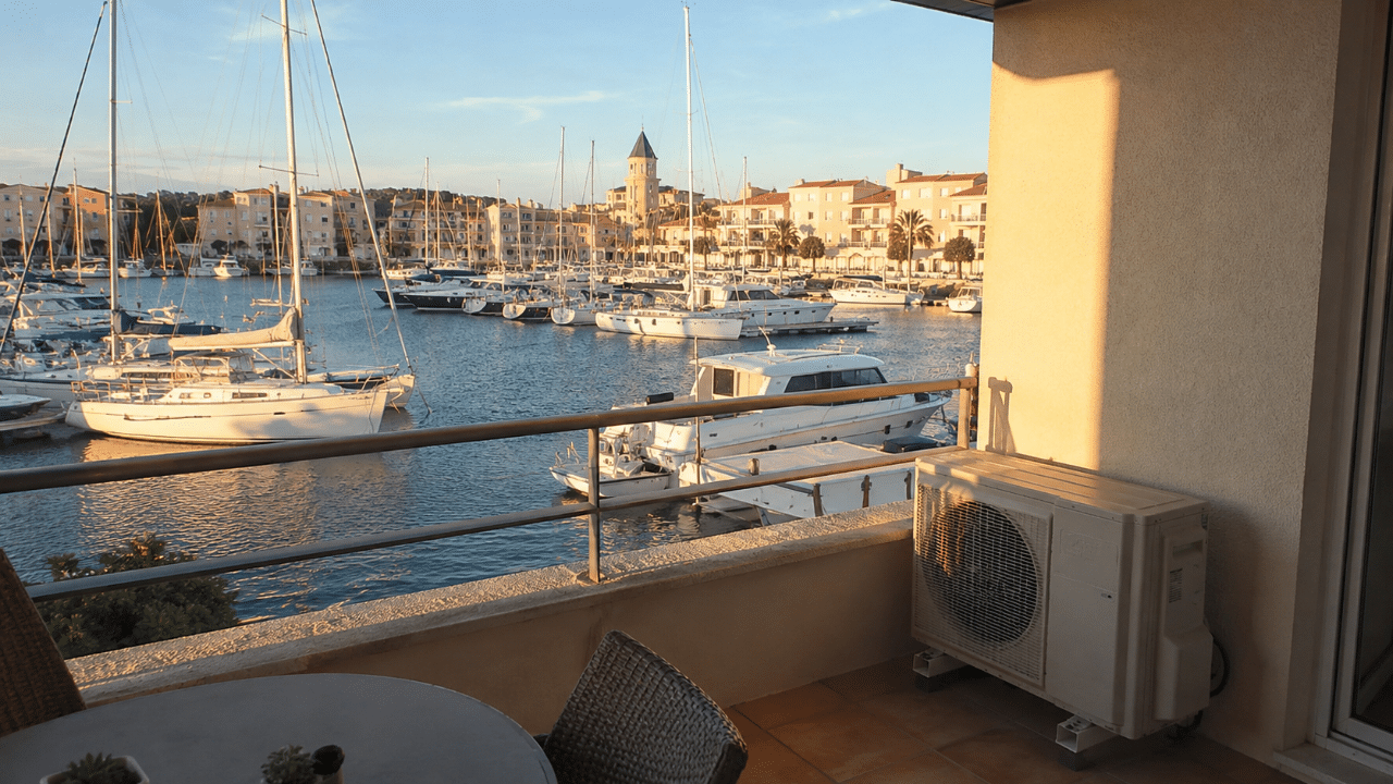 Climatiseur traité anticorrosion au balcon d'un appartement de marina à Saint-Cyprien