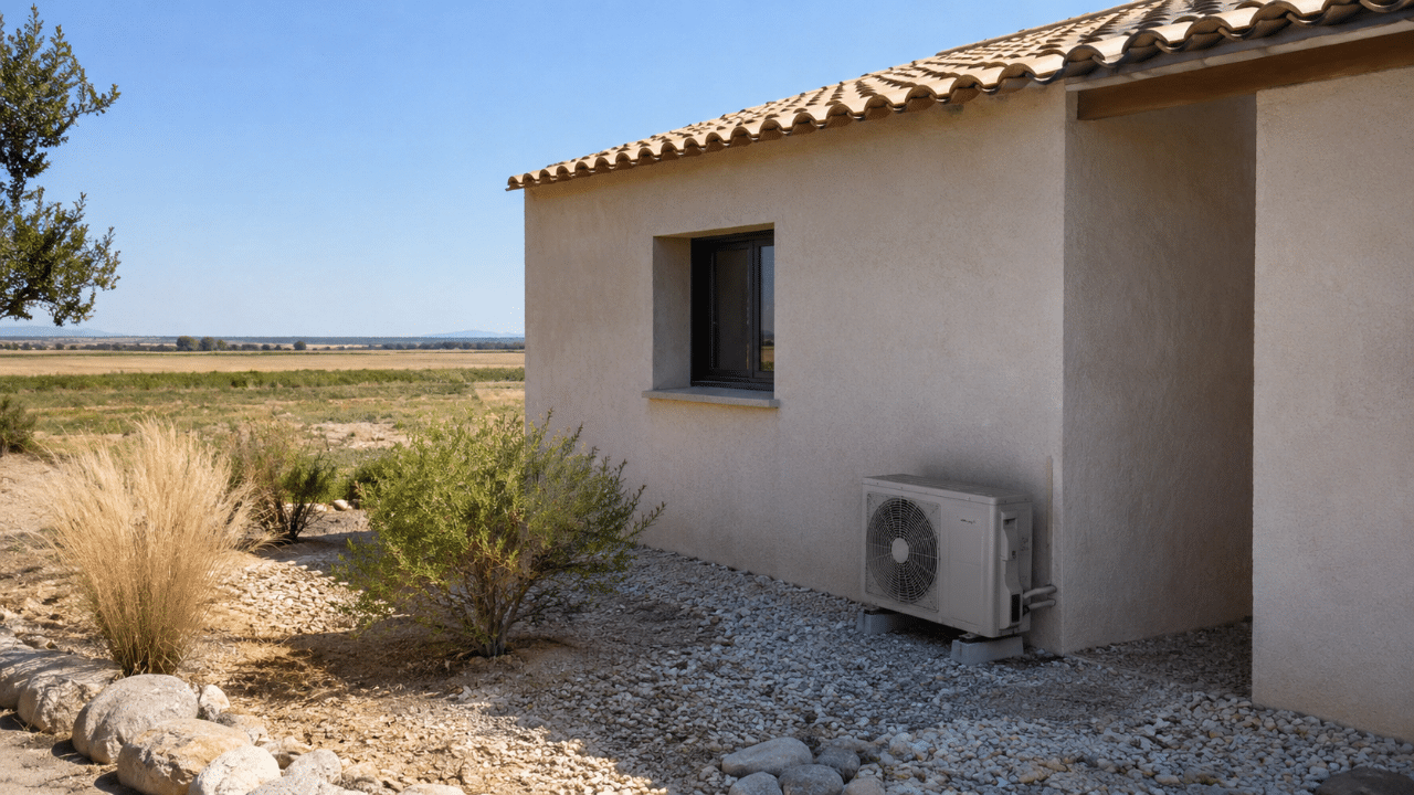 Unité extérieure de climatisation contre une maison de plaine à Saint-Martin-de-Crau sous un ciel clair