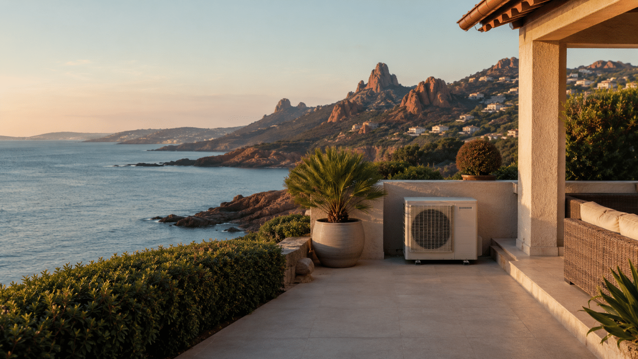 Climatiseur sur la terrasse d'une villa du littoral de Saint-Raphaël face à l'Estérel