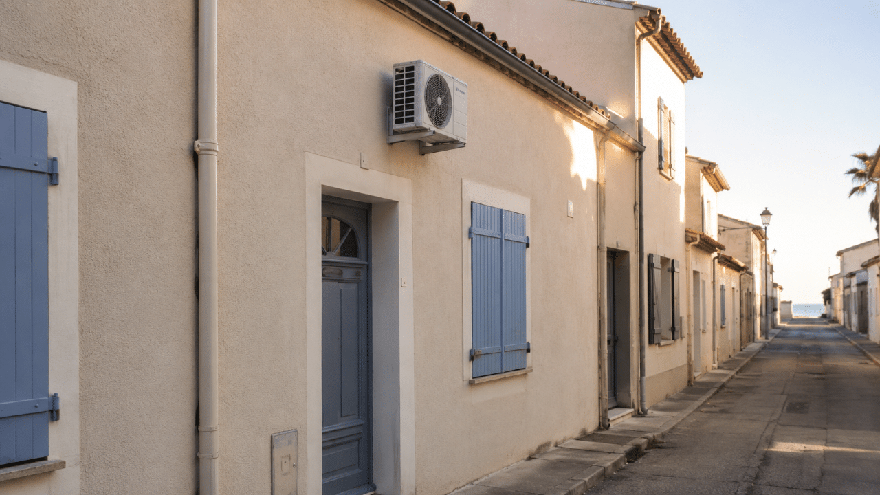 Climatiseur traité anticorrosion en façade d'une maison de village à Sainte-Marie-la-Mer