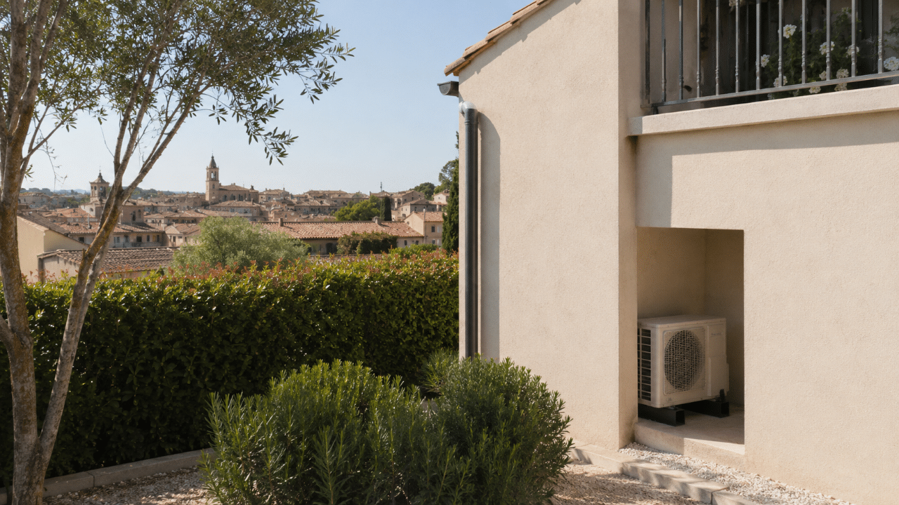 Unité extérieure de climatisation sur une maison de quartier à Salon-de-Provence