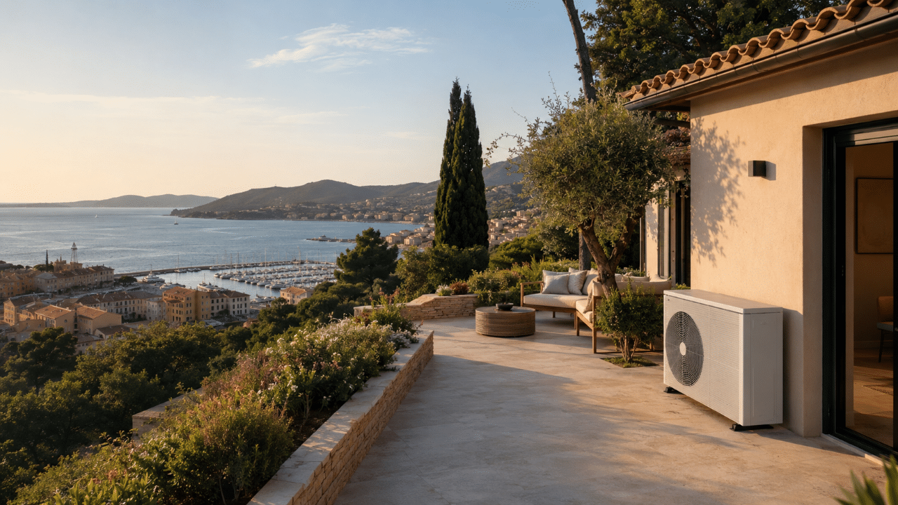 Climatiseur sur la terrasse d'une villa face au port de Sanary-sur-Mer