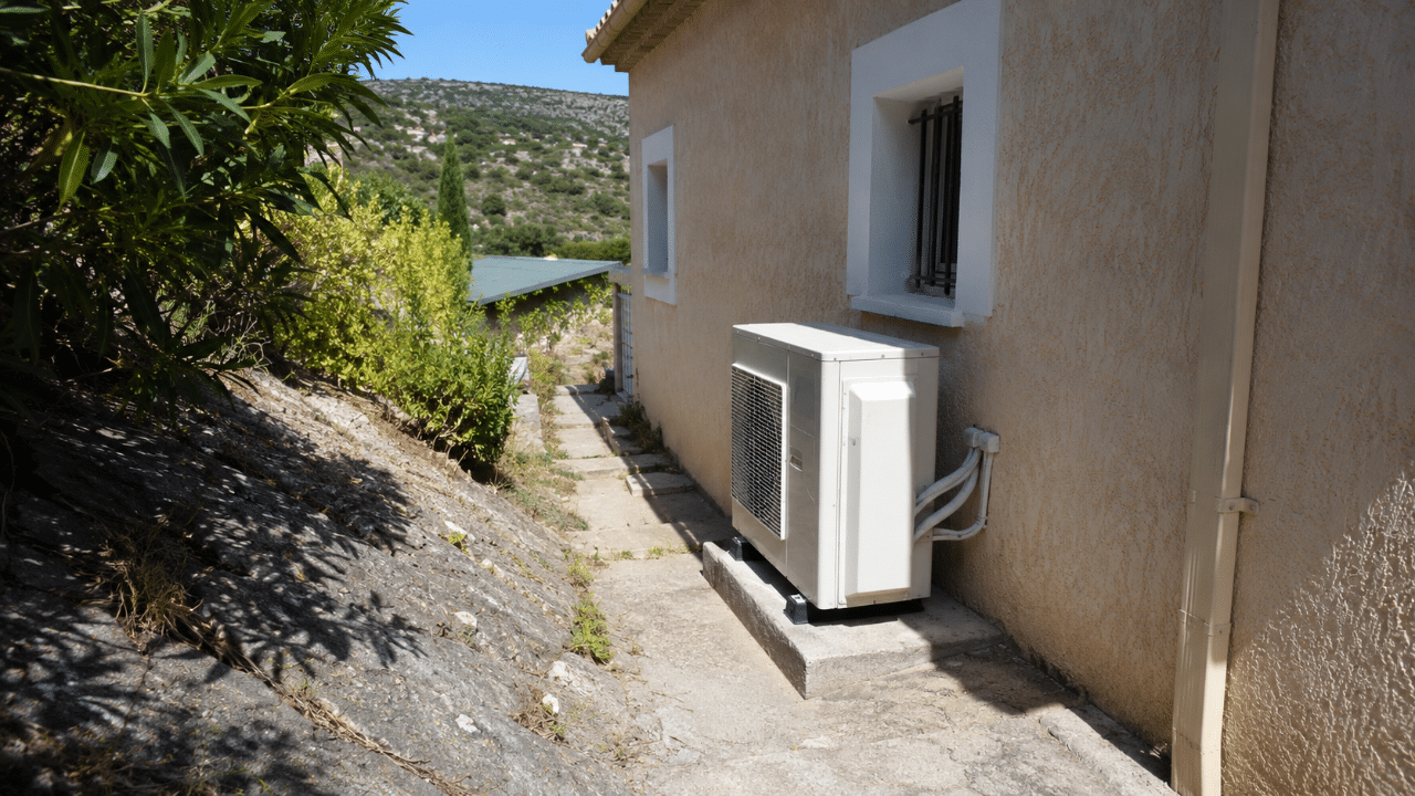Unité extérieure de climatisation contre une maison de Septèmes-les-Vallons au fond d'un vallon