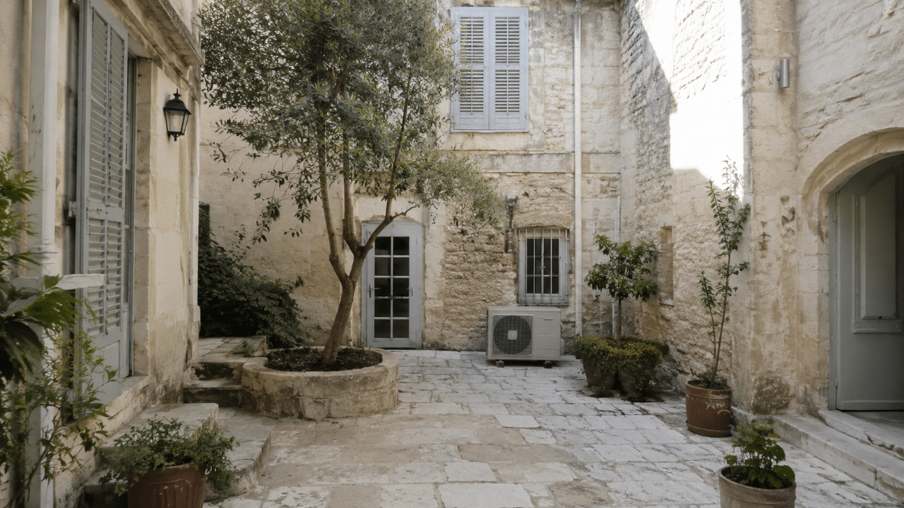 Unité extérieure de climatisation dans une cour de maison de ville du centre ancien de Tarascon