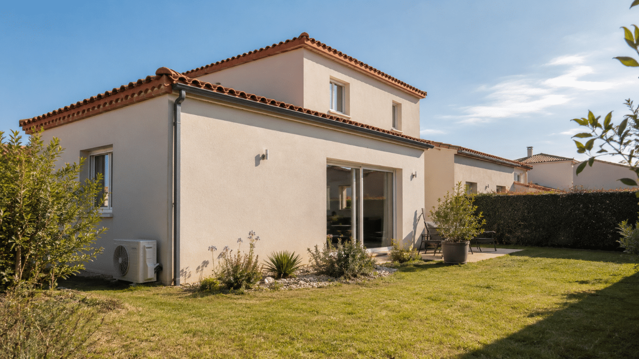Climatiseur au sol dans le jardin d'une maison de lotissement à Toulouges