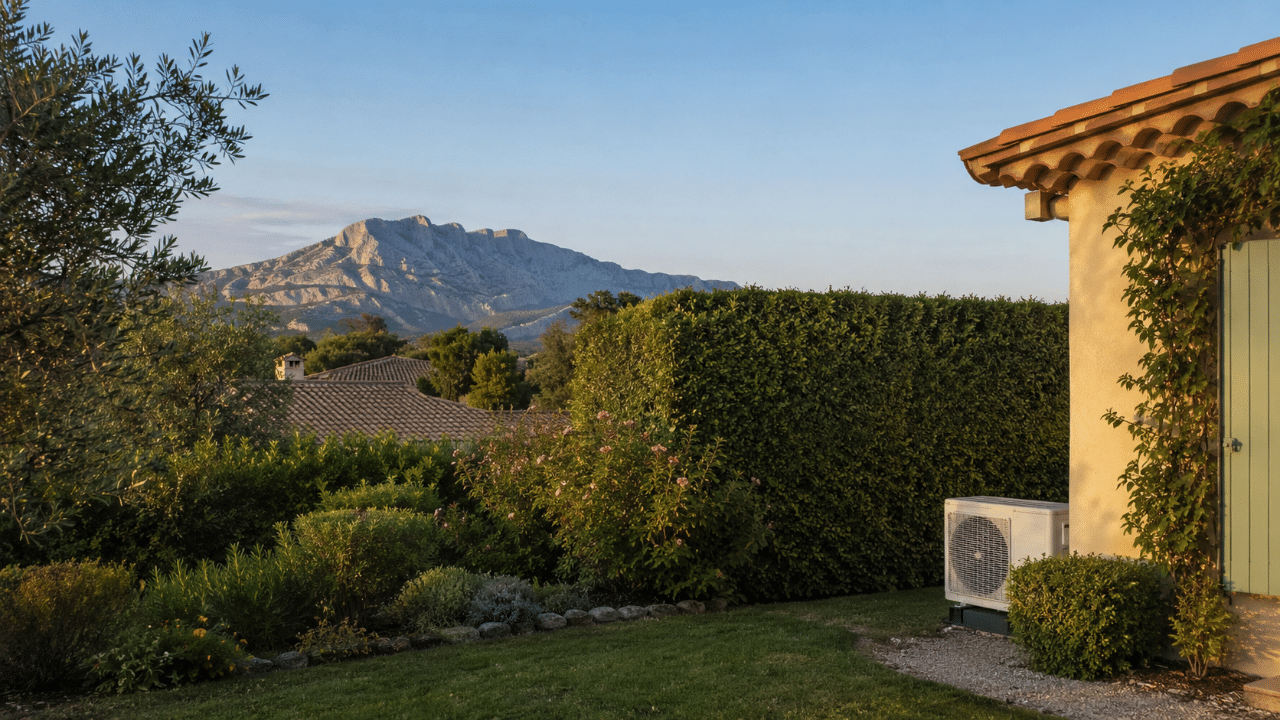 Unité extérieure de climatisation posée dans un coin de jardin d'une maison de Trets face à la Sainte-Victoire