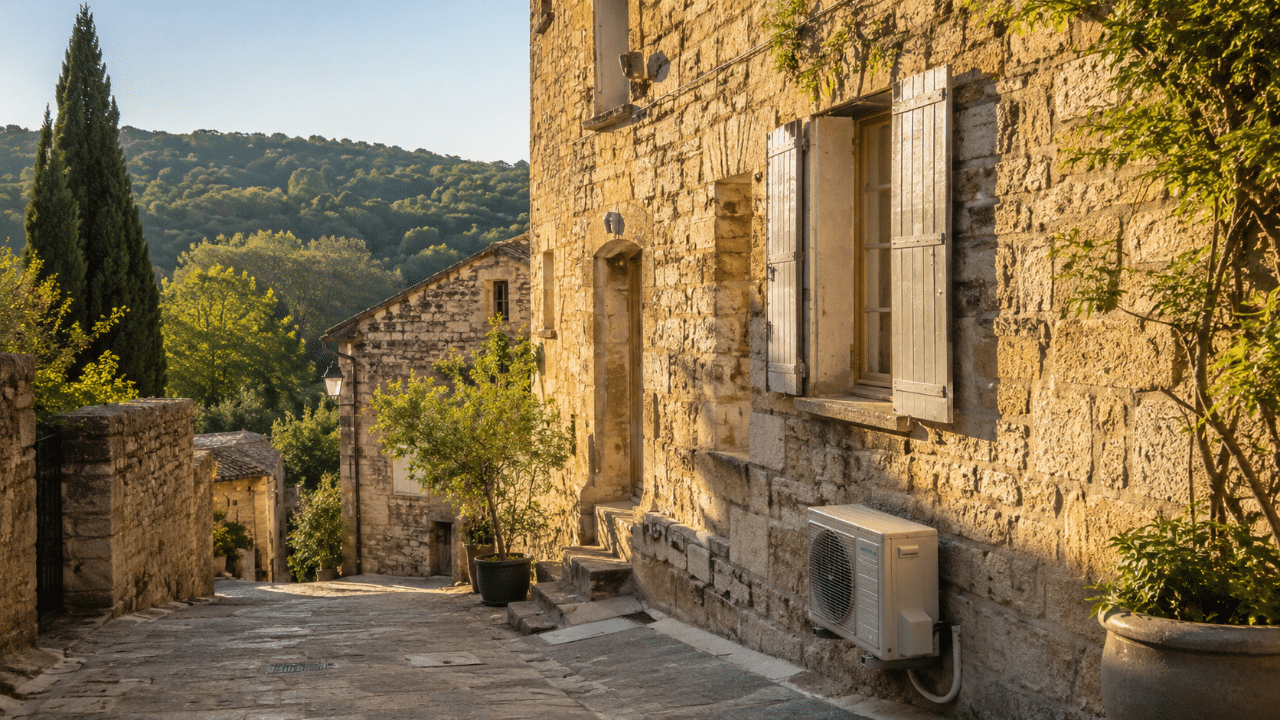 Climatiseur extérieur fixé au mur d'une maison provençale dans le village de Valbonne