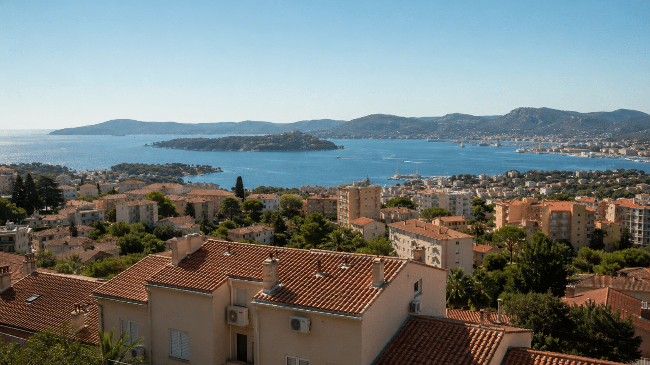 Vue du Var entre rade de Toulon, littoral méditerranéen et collines boisées avec climatiseurs sur les façades