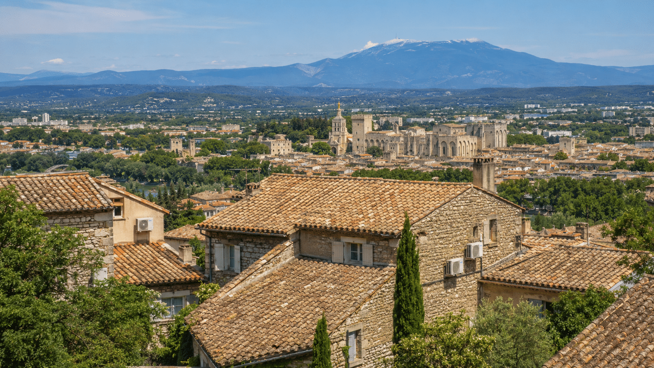 Vue du Vaucluse entre Avignon, plaine du Comtat et villages perchés du Luberon avec climatiseurs sur les façades