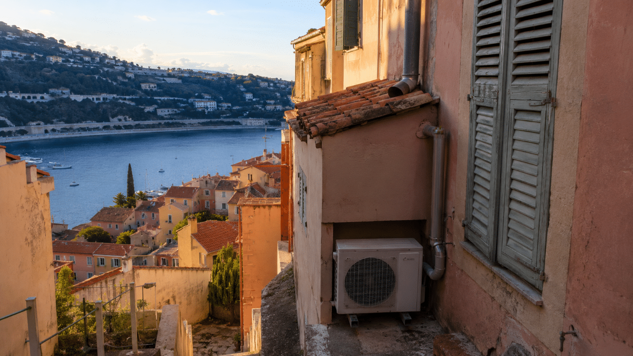 Climatiseur discret sur une façade en pente de la vieille ville de Villefranche-sur-Mer