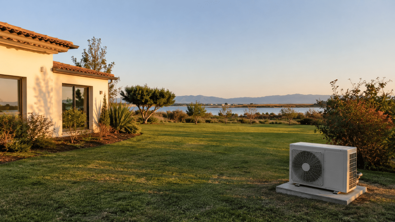 Climatiseur au sol dans le grand jardin d'une maison à Villeneuve-de-la-Raho