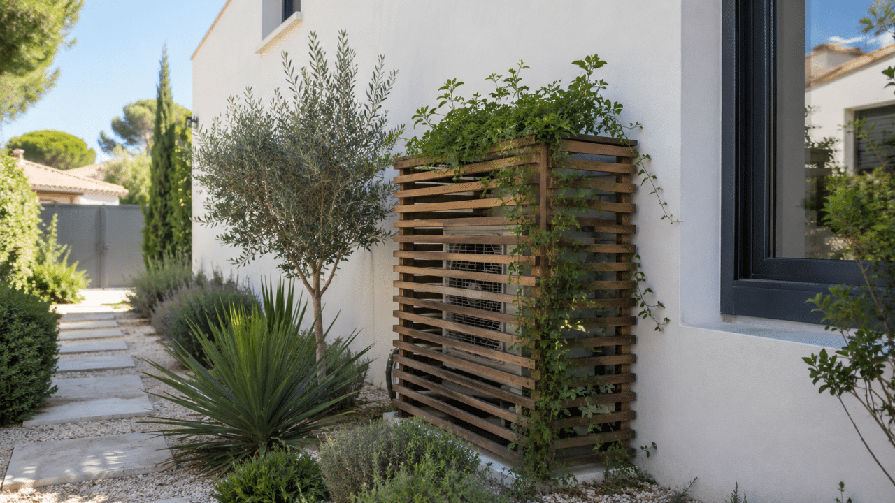 Unité extérieure de climatisation discrètement intégrée derrière un claustra végétalisé d'une maison à Villeneuve-lès-Maguelone