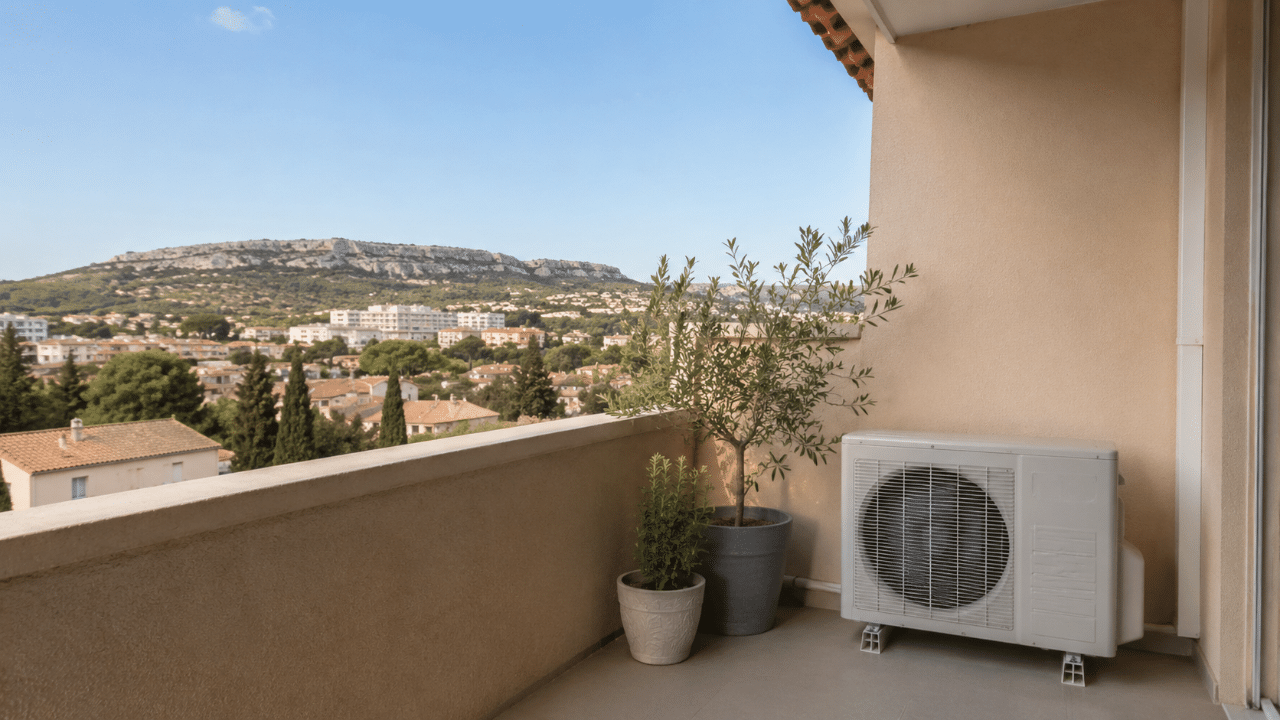 Unité extérieure de climatisation sur le balcon d'une résidence de Vitrolles
