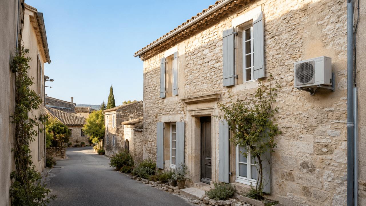 Unité de climatisation sur une maison du bourg de Céreste-en-Luberon