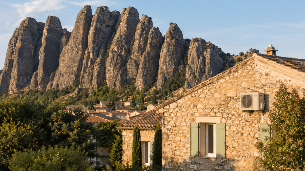 Climatiseur sur une maison des Mées au pied des Pénitents