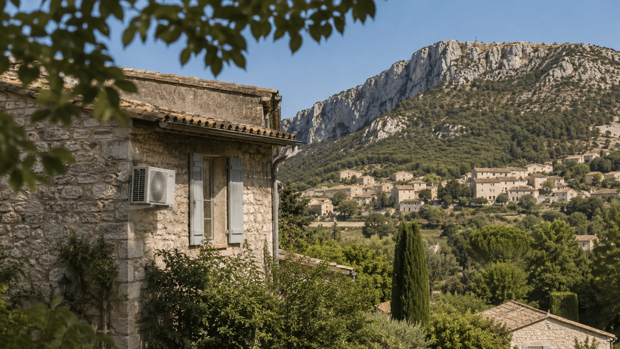 Unité de climatisation sur une maison du village de Mane