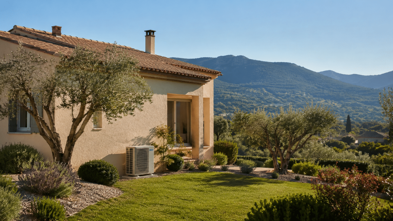 Climatiseur sur la façade d'une maison de lotissement à Manosque