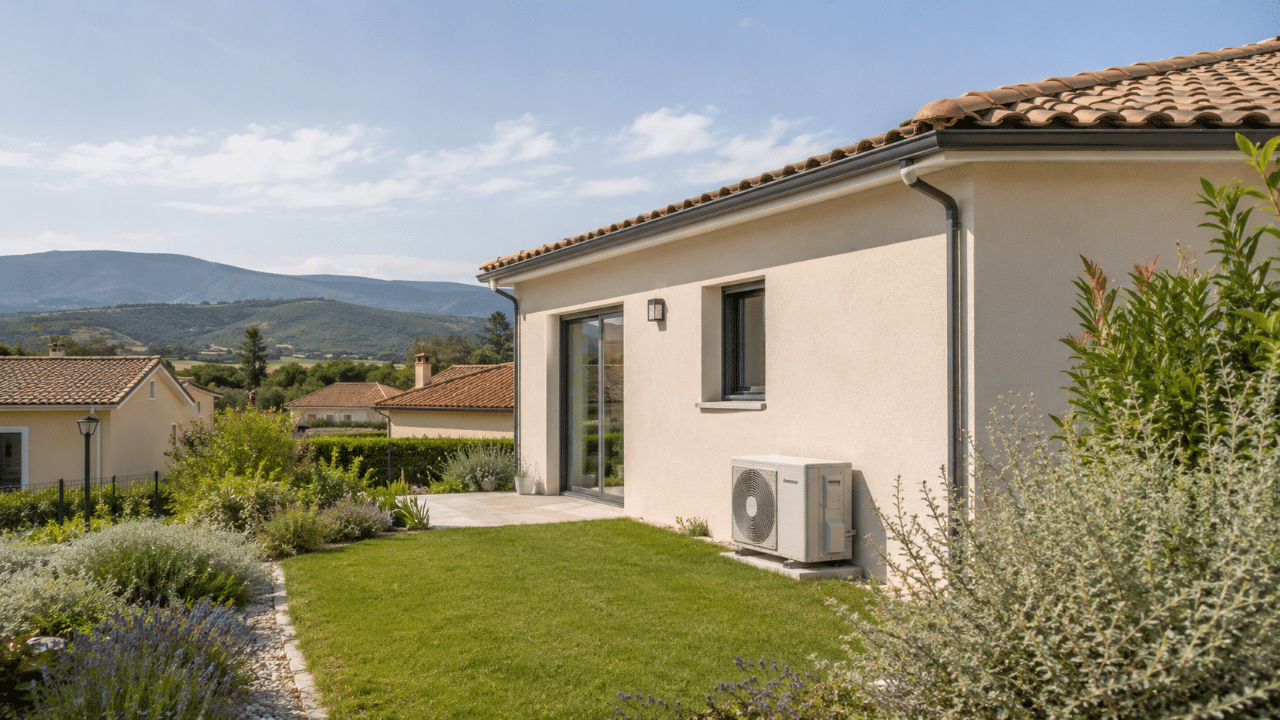 Climatiseur au jardin d'une maison de lotissement à Peipin