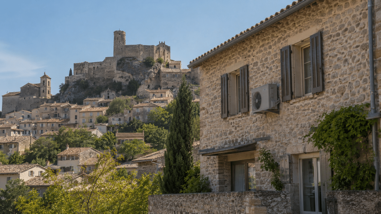 Unité de climatisation sur une maison de Peyruis sous son château